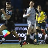 Ben Afshar breaks the line to score his first Glasgow try in the win oer Dragons at Scotstoun on February 17, 2024. (Photo by Ross MacDonald / SNS Group)