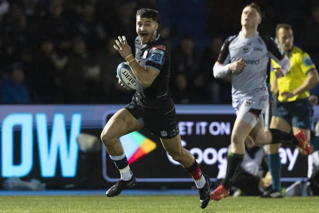 Ben Afshar breaks the line to score his first Glasgow try in the win oer Dragons at Scotstoun on February 17, 2024. (Photo by Ross MacDonald / SNS Group)