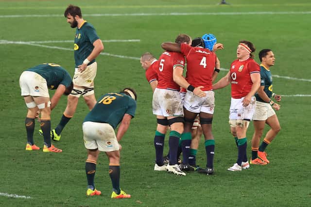 Relief and joy for the British & Irish Lions players at full-time, including Scotland flanker Hamish Watson, right. Picture: David Rogers/Getty Images