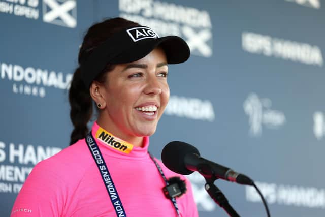 England's Georgia Hall talks to the media ahead of her apparance in this week's ISPS HANDA Women's Scottish Open at Dunonald Links. Picture: Luke Walker/ISPS HANDA Women's Scottish Open