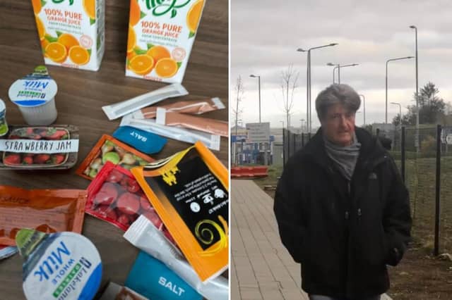 Gordon Percy and some of the supplies he has been given at the quarantine hotel picture: supplied