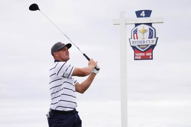 Bryson DeChambeau tees off from the fourth tee on the first offical practice day for the 43rd Ryder Cup at Whistling Straits. Picture: Patrick Smith/Getty Images.