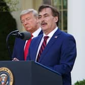 Mike Lindell speaks during a Covid-19 briefing at the White House last March in front of then US president Donald Trump. Picture: Mandel Ngan/AFP/Getty