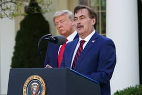 Mike Lindell speaks during a Covid-19 briefing at the White House last March in front of then US president Donald Trump. Picture: Mandel Ngan/AFP/Getty