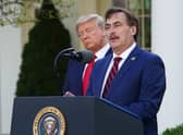 Mike Lindell speaks during a Covid-19 briefing at the White House last March in front of then US president Donald Trump. Picture: Mandel Ngan/AFP/Getty