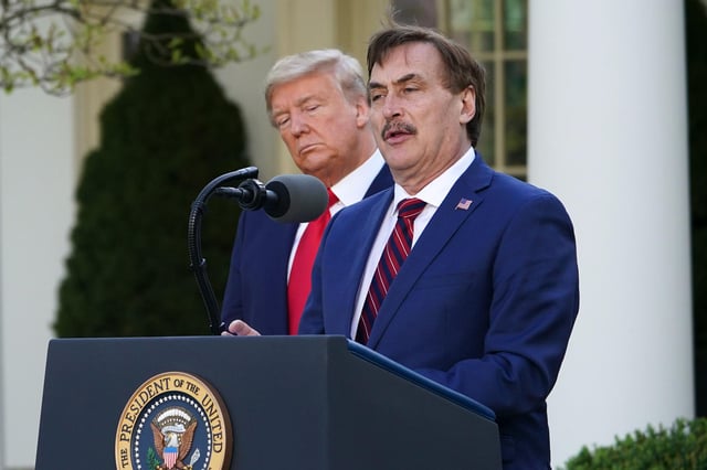Mike Lindell speaks during a Covid-19 briefing at the White House last March in front of then US president Donald Trump. Picture: Mandel Ngan/AFP/Getty