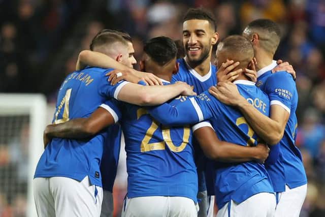 Rangers players celebrate after VAR awards their second goal against Brondby by Kemar Roofe which was initially ruled out for offside. (Photo by Craig Williamson / SNS Group)