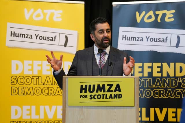 SNP leadership candidate Humza Yousaf delivers a speech on his vision for an independent Scotland, setting out the urgency of securing independence to deliver a socially just, fair, and prosperous future, at the Assembly Hall in Arbroath, Angus, located near to where the Declaration of Arbroath is believed to have been written in 1320.