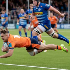 Darcy Graham scores the opening try during Edinburgh's 20-20 draw with DHL Stormers in October. (Photo by Ross Parker / SNS Group)