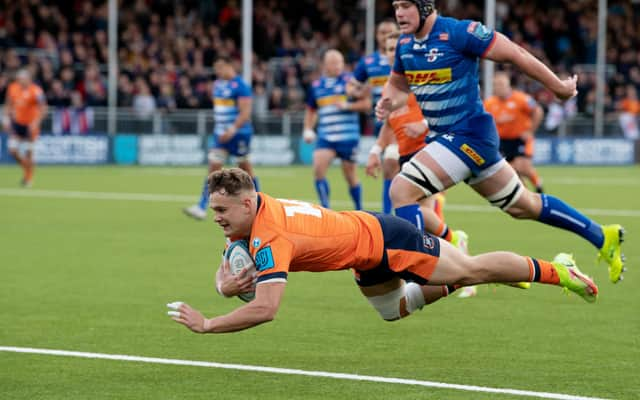 Darcy Graham scores the opening try during Edinburgh's 20-20 draw with DHL Stormers in October. (Photo by Ross Parker / SNS Group)