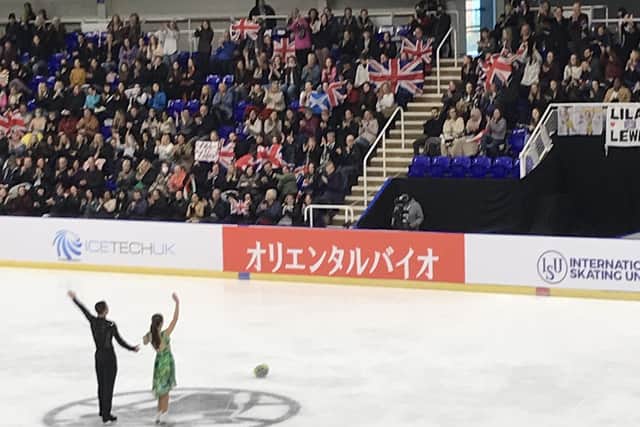 One Saltire could be seen in the crowd in Sheffield, in support of Prestwick skater Lewis Gibson and his partner Lilah Fear, who are currently lying in the silver medal position. Picture: Anna Kellar