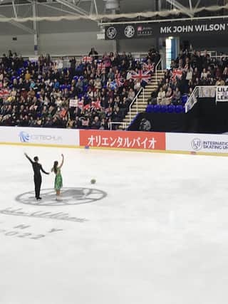 One Saltire could be seen in the crowd in Sheffield, in support of Prestwick skater Lewis Gibson and his partner Lilah Fear, who are currently lying in the silver medal position. Picture: Anna Kellar