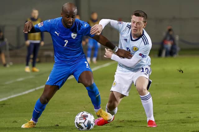 Israel defender Eli Dasa (L) is marked by Scotland midfielder Callum McGregor during the UEFA Nations League B Group 2 match at the Netanya Municipal Stadium on November 18, 2020. (Photo by JACK GUEZ/AFP via Getty Images)