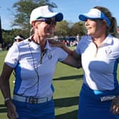 European captain Catriona Matthew congratulates Matilda Castren after the Finnish player had retained the Solheim Cup at the Inverness Club in Toledo, Ohio. Picture: Gregory Shamus/Getty Images.