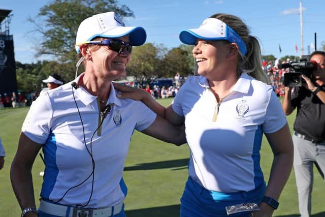 European captain Catriona Matthew congratulates Matilda Castren after the Finnish player had retained the Solheim Cup at the Inverness Club in Toledo, Ohio. Picture: Gregory Shamus/Getty Images.