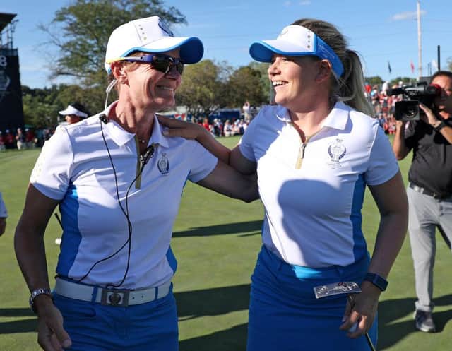 European captain Catriona Matthew congratulates Matilda Castren after the Finnish player had retained the Solheim Cup at the Inverness Club in Toledo, Ohio. Picture: Gregory Shamus/Getty Images.