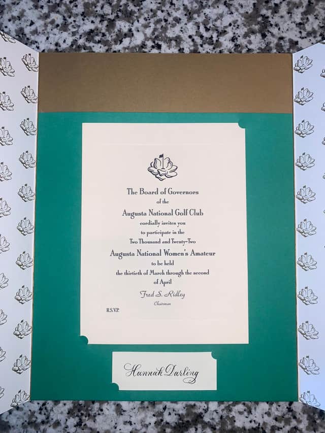 Hannah Darling's official invitation for the Augusta National Women's Amateur in late March/early April, when she will be flying the Saltire with Louise Duncan.