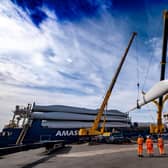 In collaboration with heavy lift specialist Collett Transport, the turbines arrived aboard the EEMS Dublin cargo ship into the Port of Leith from Esbjerg in Denmark. Picture: Peter Devlin