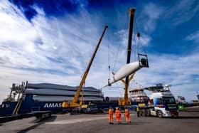 In collaboration with heavy lift specialist Collett Transport, the turbines arrived aboard the EEMS Dublin cargo ship into the Port of Leith from Esbjerg in Denmark. Picture: Peter Devlin