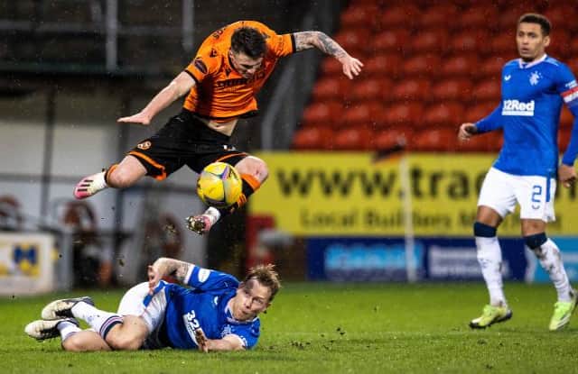 Rangers Scott Arfield and Jamie Robson in action during a Scottish Premiership match between Dundee United and Rangers at Tannadice, on December 13, 2020, in Dundee, Scotland. (Photo by Alan Harvey / SNS Group)