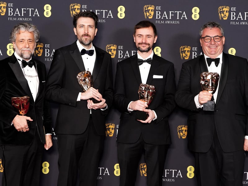 Paul Lambert, Stephen James, Gerd Nefzer and Rhys Salcombe in the press room after winning the Best Special Visual Effects award for Dune: Part Two
