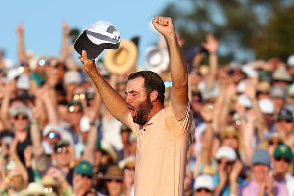 Scottie Scheffler celebrates on the 18th green at Augusta National after winning the 2024 Masters Tournament last month. Picture: Andrew Redington/Getty Images.