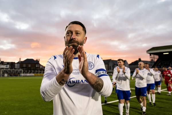 Stephen Dobbie salutes the Queen of the South support at the close of his testimonial encounter against a Scotland's legends team. The striker, the Palmerston club's second-top scorer of all-time, cherishing his relationship with the Dumfries club and philosophical about never earning the cap it is generally regarded his talents merited. (Photo by Ross Parker / SNS Group)
