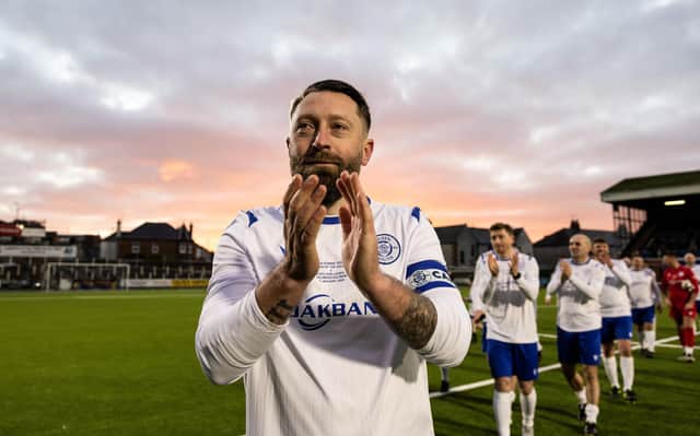 Stephen Dobbie salutes the Queen of the South support at the close of his testimonial encounter against a Scotland's legends team. The striker, the Palmerston club's second-top scorer of all-time, cherishing his relationship with the Dumfries club and philosophical about never earning the cap it is generally regarded his talents merited. (Photo by Ross Parker / SNS Group)