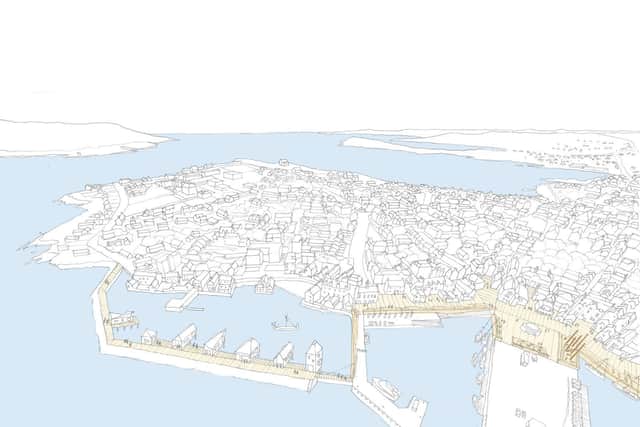 What If...? Lerwick by Ewan Anderson. Lerwick is a place which has evolved and relied upon the sea for livelihoods for many centuries. What if Lerwick could positively respond to the challenge of climate change and rising sea levels? Ewan Anderson of 7N Architects worked with Alistair Hamilton in Lerwick to explore how the town could be protected from rising sea levels for future generations.
