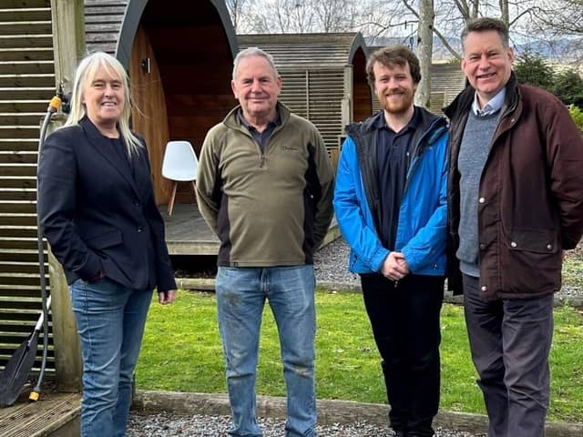 Murdo Fraser MSP (right) meets the park’s Alison Watson, Steven Willett, and Joseph Comrie. The parks sector to which Braidhaugh belongs generates just over £991 million in visitor expenditure each year in Scotland, and supports almost 18,500 FTE jobs.