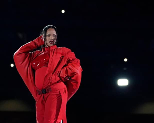 Barbadian singer Rihanna performs during the halftime show of Super Bowl LVII between the Kansas City Chiefs and the Philadelphia Eagles at State Farm Stadium in Glendale, Arizona, on February 12, 2023. (Photo by TIMOTHY A. CLARY/AFP via Getty Images)