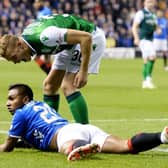Hibs defender Ryan Porteous exchanges words with Rangers striker Alfredo Morelos during a match in 2018.