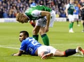 Hibs defender Ryan Porteous exchanges words with Rangers striker Alfredo Morelos during a match in 2018.