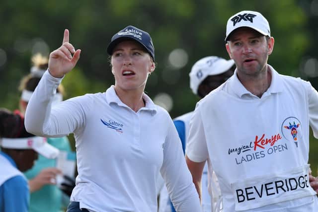 Laura Beveridge pictured during last year's Magical Kenya Ladies Open with husband/coach/caddie Keil. Picture: LET