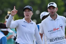 Laura Beveridge pictured during last year's Magical Kenya Ladies Open with husband/coach/caddie Keil. Picture: LET