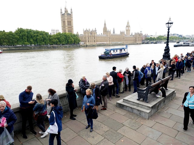 Members of the public in the queue on the South Bank near to Lambeth Bridge, London, as they wait to view Queen Elizabeth II lying in state ahead of her funeral on Monday. Picture date: Thursday September 15, 2022.