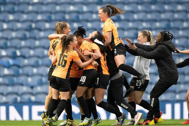 The Glasgow City squad celebrate after winning the league title with an injury-time goal sealing a 1-0 win over Rangers at Ibrox. (Photo by Paul Devlin / SNS Group)