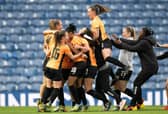 The Glasgow City squad celebrate after winning the league title with an injury-time goal sealing a 1-0 win over Rangers at Ibrox. (Photo by Paul Devlin / SNS Group)