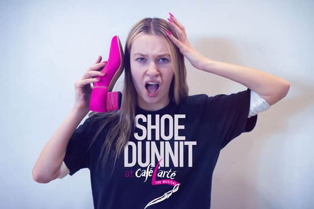 Actress Genna Buckmaster with stand in shoe prop