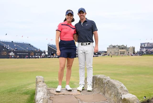 Georgia Hall and Rory McIlroy pose for a photo during the Celebration of Champions Challenge ahead of the 150th Open at St Andrews earlier this month. Picture: Ross Kinnaird/Getty Images.
