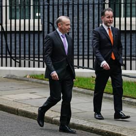Chief whip Chris Heaton-Harris (left) and former deputy chief whip Christopher Pincher leave 10 Downing Street, London, after their original appointment in February. Picture: PA