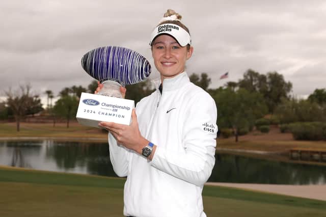 Nelly Korda poses with the trophy after winning the Ford Championship presented by KCC at Seville Golf and Country Club in Phoenix, Arizona. Picture: Christian Petersen/Getty Images.