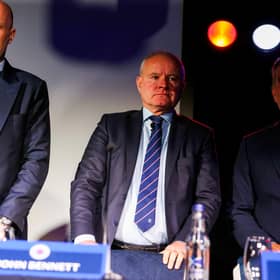 Rangers chairman John Bennett (centre) alongside manager Philippe Clement (left) and non-executive director John Halsted during the club's AGM at New Edimiston House on Tuesday.  (Photo by Craig Williamson / SNS Group)