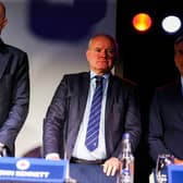 Rangers chairman John Bennett (centre) alongside manager Philippe Clement (left) and non-executive director John Halsted during the club's AGM at New Edimiston House on Tuesday.  (Photo by Craig Williamson / SNS Group)