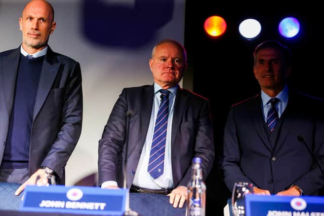 Rangers chairman John Bennett (centre) alongside manager Philippe Clement (left) and non-executive director John Halsted during the club's AGM at New Edimiston House on Tuesday. (Photo by Craig Williamson / SNS Group)
