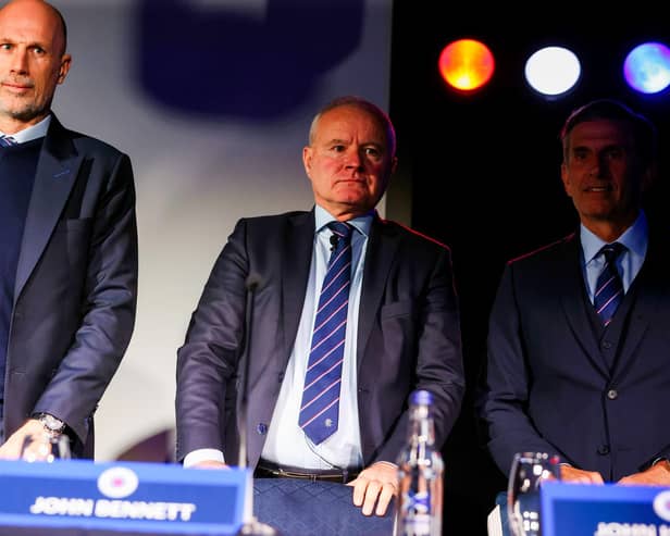 Rangers chairman John Bennett (centre) alongside manager Philippe Clement (left) and non-executive director John Halsted during the club's AGM at New Edimiston House on Tuesday.  (Photo by Craig Williamson / SNS Group)