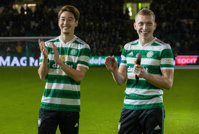 New Celtic signings Yuki Kobayashi, left, and Alistair Johnston were denied the full Celtic Park experience through being wheeled out before kick-off.(Photo by Craig Williamson / SNS Group)