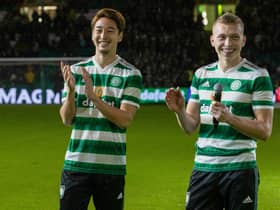 New Celtic signings Yuki Kobayashi, left, and Alistair Johnston were denied the full Celtic Park experience through being wheeled out before kick-off.(Photo by Craig Williamson / SNS Group)