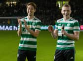 New Celtic signings Yuki Kobayashi, left, and Alistair Johnston were denied the full Celtic Park experience through being wheeled out before kick-off.(Photo by Craig Williamson / SNS Group)
