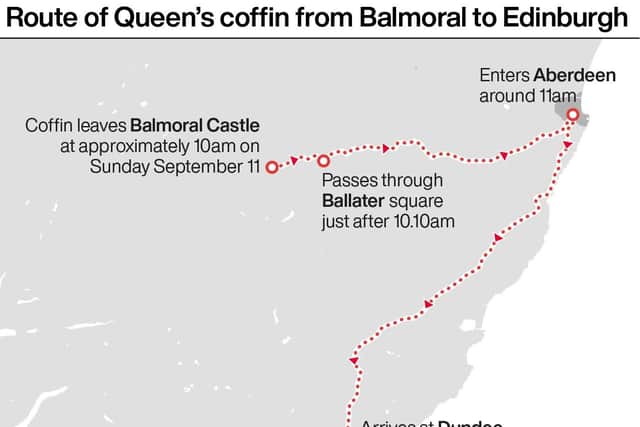 Route of Queen's coffin from Balmoral to Edinburgh. See story DEATH Queen. Infographic PA Graphics. An editable version of this graphic is available if required. Please contact graphics@pamediagroup.com.